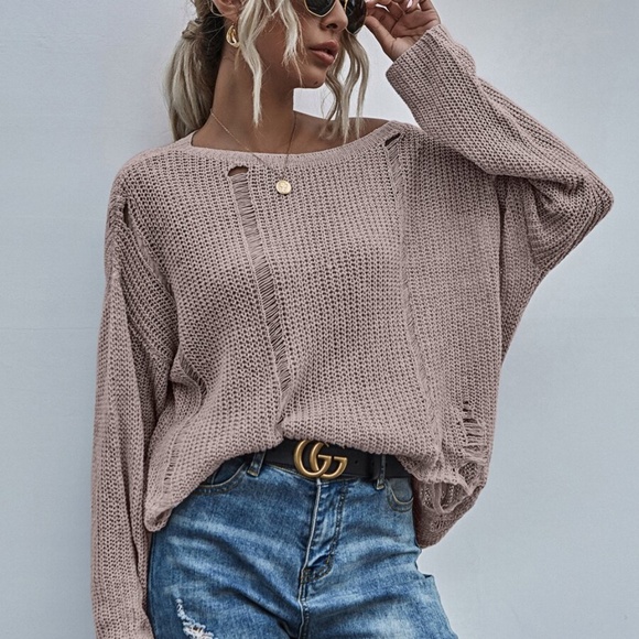 Grey off shoulder distressed oversize knit sweater - Picture 10 of 13